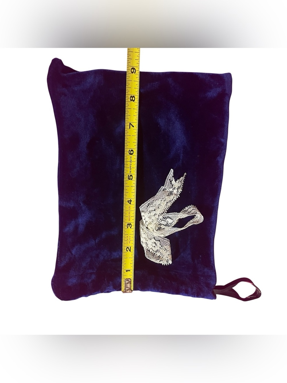 Vintage Blueberry Blue Velvet Drawstring Bag with White Bow - Picture 6 of 6